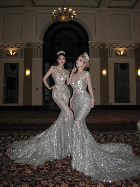 Sexy Wedding Dress Mermaid Sequin Beads Long Silver Wedding Dresses Bride Dress Bridal Gowns DP1865