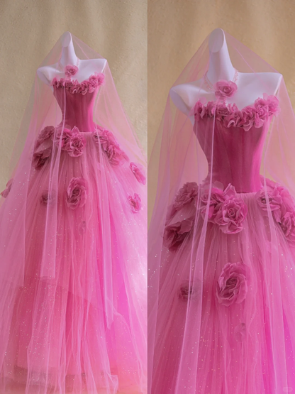 Wunderschönes Ballkleid Sweetheart Hot Pink Floral Tüll Langes Ballkleid Partykleid Abschlusskleider DP1973
