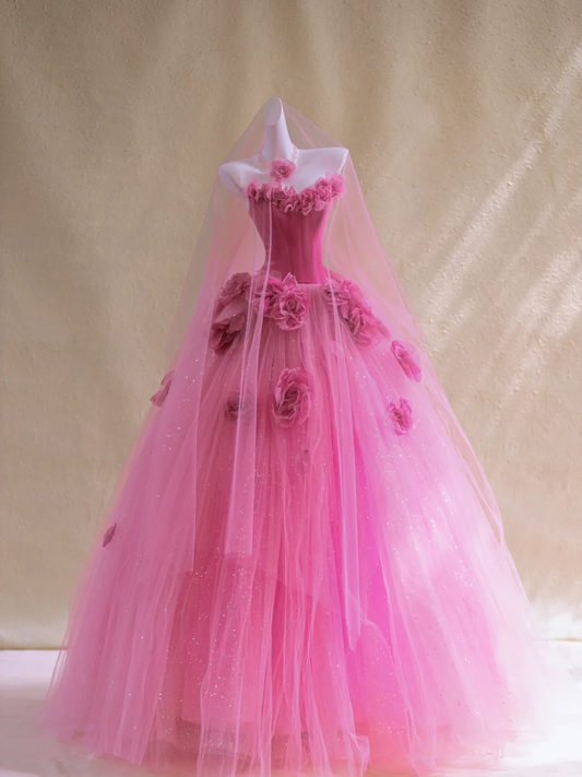 Wunderschönes Ballkleid Sweetheart Hot Pink Floral Tüll Langes Ballkleid Partykleid Abschlusskleider DP1973