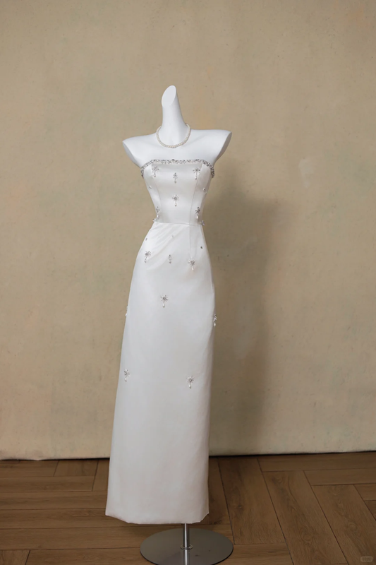 Simple Wedding Dress Sheath Strapless Satin Beads Long Summer Wedding Dresses Bridal Gowns DP1880