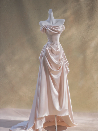 Simple A line Off The Shoulder Light Pink Satin Prom Dresses Formal Summer Wedding Guest Dresses Wedding Guest Outfits DP1969