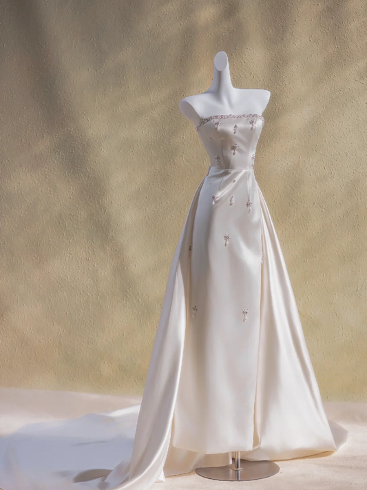 Simple Wedding Dress Sheath Strapless Satin Beads Long Summer Wedding Dresses Bridal Gowns DP1880