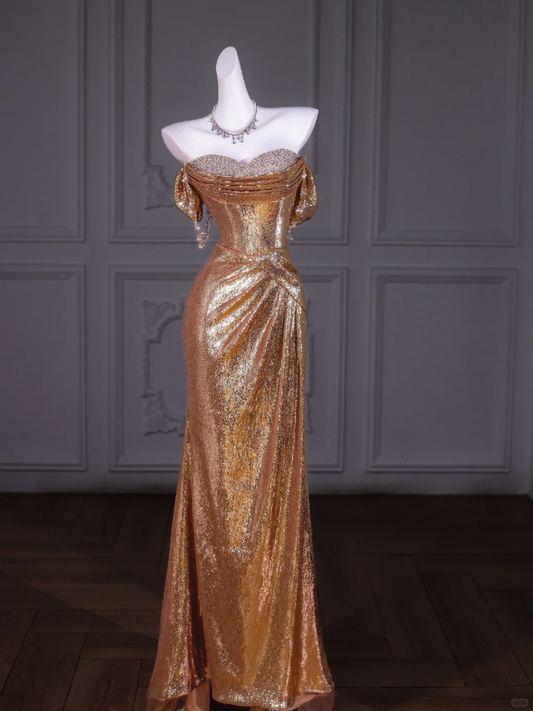 Hübsche Meerjungfrau aus der Schulter Gold Pailletten Perlen langes Ballkleid Partykleid Abschlusskleider DP1958