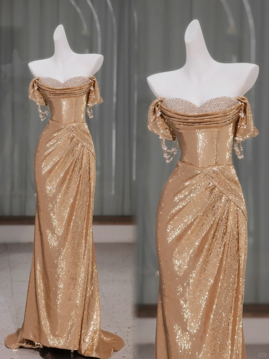 Hübsche Meerjungfrau aus der Schulter Gold Pailletten Perlen langes Ballkleid Partykleid Abschlusskleider DP1958