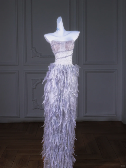 Wunderschönes trägerloses Meerjungfrau-Abschlussballkleid mit blauen Pailletten und langen Ärmeln, Partykleid, Abschlusskleider mit Federn, DP1963
