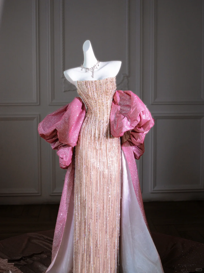 Hübsches Meerjungfrau-Kleid mit trägerlosen Pailletten und Perlen in Champagner, langes Ballkleid, Partykleid, Abschlusskleider DP1965