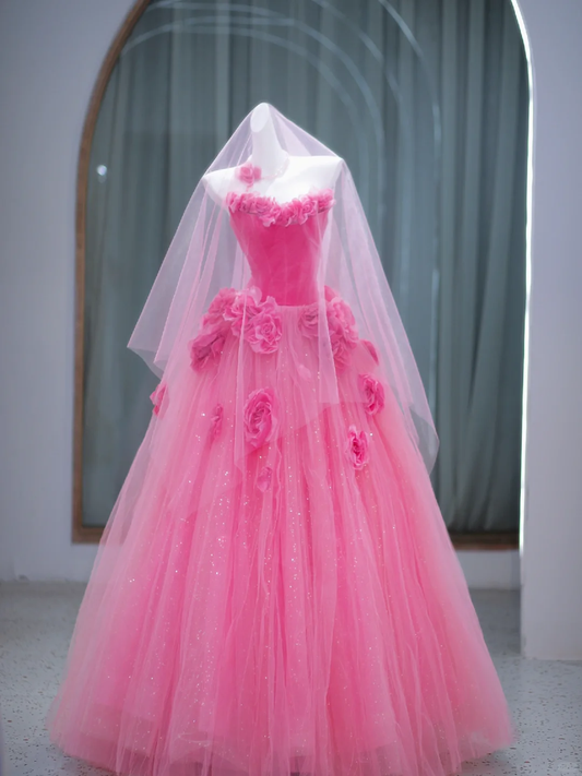 Wunderschönes Ballkleid Sweetheart Hot Pink Floral Tüll Langes Ballkleid Partykleid Abschlusskleider DP1999