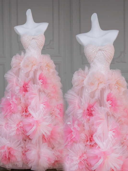 Wunderschönes Ballkleid, trägerlos, hellrosa, geblümtes Tüll, langes Ballkleid, Partykleid, Abschlusskleider DP1975