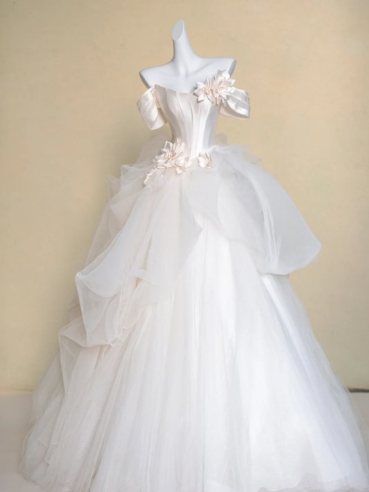Modest Wedding Dress Ball Gown Off The Shoulder White Satin Long Wedding Dresses Brides Dress Bridal Gowns DP1978
