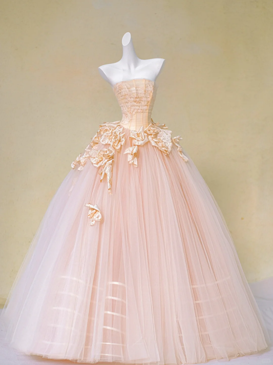 Hübsches Brautkleid Ballkleid Trägerlos Rosa Tüll Blumen Lange Brautkleider Brautkleider DP1981