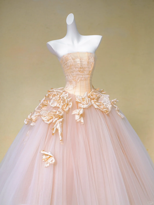 Hübsches Brautkleid Ballkleid Trägerlos Rosa Tüll Blumen Lange Brautkleider Brautkleider DP1981