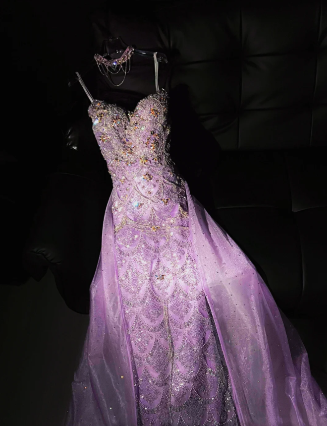 Gorgeous Mermaid Sweetheart Lilac Slit Sequin Long Prom Dress Party Dress Graduation Dresses With Cape DP1984