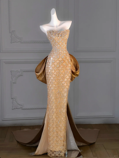 Wunderschöne Meerjungfrau Schatz Gold Pailletten Langes Ballkleid Partykleid Abschlusskleider Mit Schleife DP1985