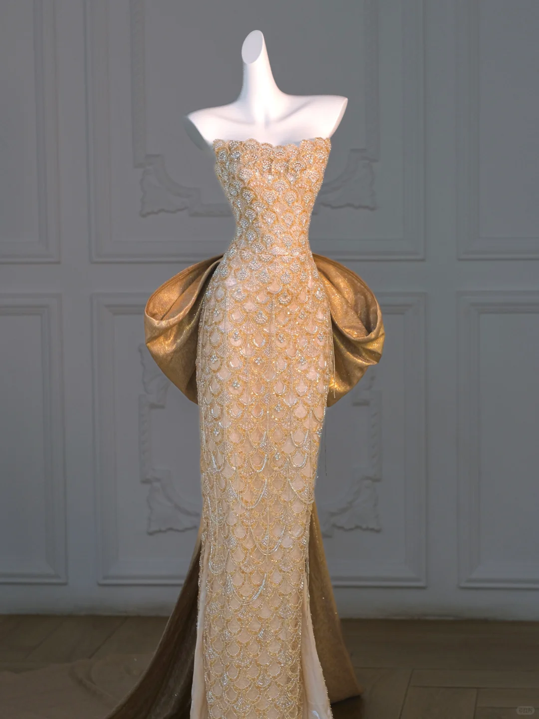 Wunderschöne Meerjungfrau Schatz Gold Pailletten Langes Ballkleid Partykleid Abschlusskleider Mit Schleife DP1985