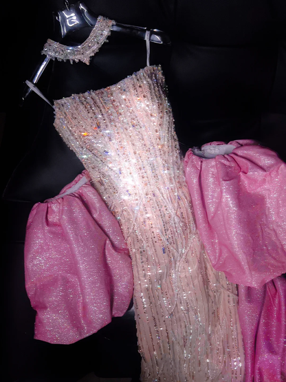 Hübsche Meerjungfrau trägerlose Pailletten Perlen Champagner langes Ballkleid Partykleid Abschlusskleider DP1986