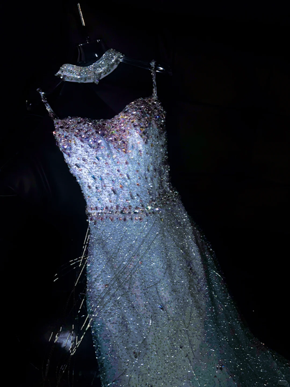 Wunderschöne Meerjungfrau Spaghettiträger Pailletten Langes Ballkleid Partykleid Abschlusskleider Mit Schleife DP1989