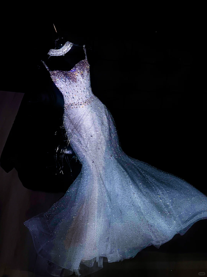 Wunderschöne Meerjungfrau Spaghettiträger Pailletten Langes Ballkleid Partykleid Abschlusskleider Mit Schleife DP1989