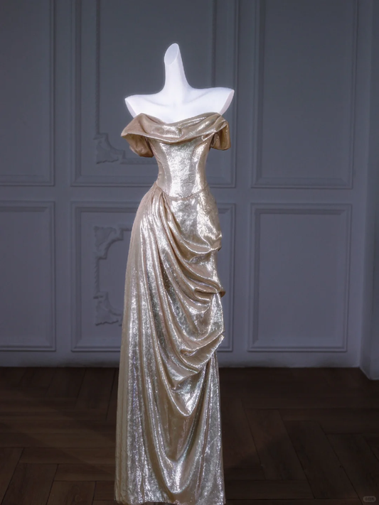 Klassische Meerjungfrau Schatz Pailletten Gold Langes Ballkleid Partykleid Abschlusskleider DP1998