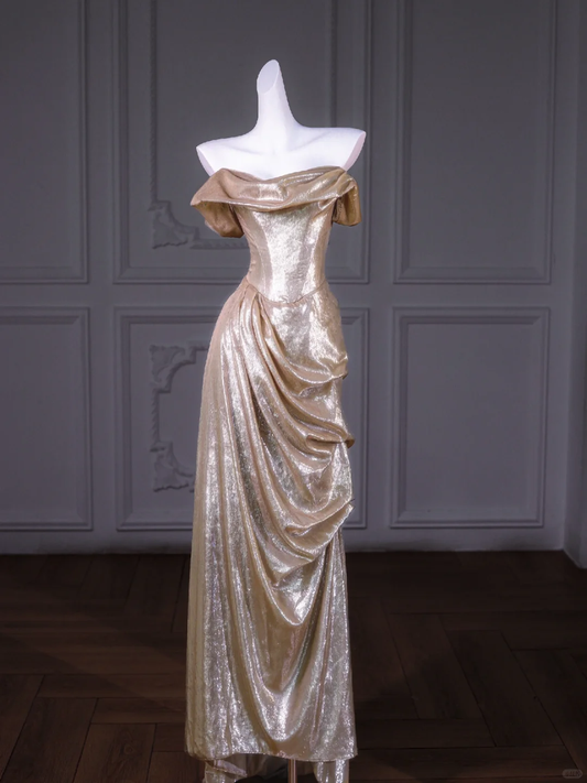 Klassische Meerjungfrau Schatz Pailletten Gold Langes Ballkleid Partykleid Abschlusskleider DP1998