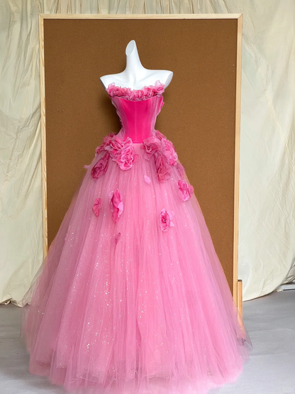 Wunderschönes Ballkleid Sweetheart Hot Pink Floral Tüll Langes Ballkleid Partykleid Abschlusskleider DP1999