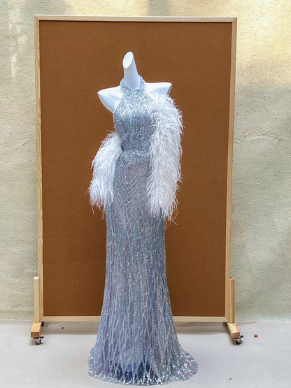 Wunderschönes Meerjungfrau-Neckholder-Abschlussballkleid mit silbernen Pailletten, langes Partykleid, Abschlusskleider DP2021
