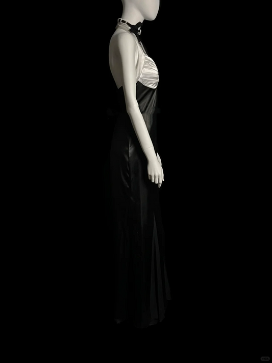 Vintage Mermaid Halter Black Satin Long Evening Party Gowns Evening Formal Dresses Prom Dress DP2032