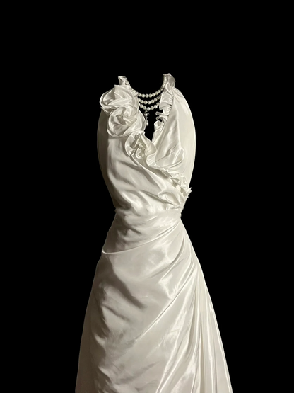 Robe de mariée vintage trapèze, col licou, longue, en satin blanc, robes de mariée DP2035
