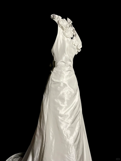 Robe de mariée vintage trapèze, col licou, longue, en satin blanc, robes de mariée DP2035
