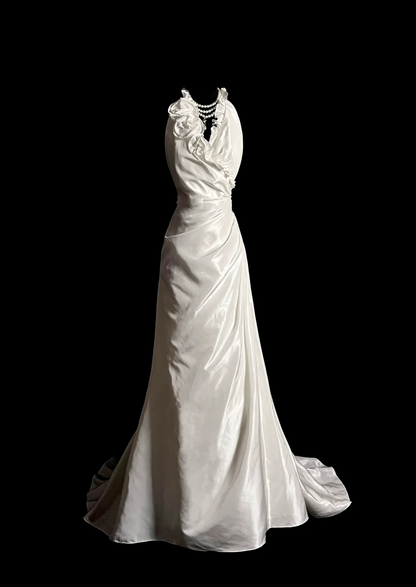 Robe de mariée vintage trapèze, col licou, longue, en satin blanc, robes de mariée DP2035