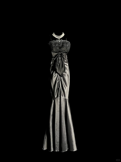 Vintage Mermaid Spaghetti Straps Satin Gray Long Evening Party Gowns Evening Formal Dresses Prom Dress DP2036