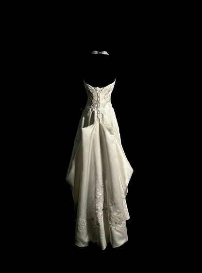 Robe de mariée vintage trapèze bustier en satin blanc, longue, style rétro des années 1970, DP2039