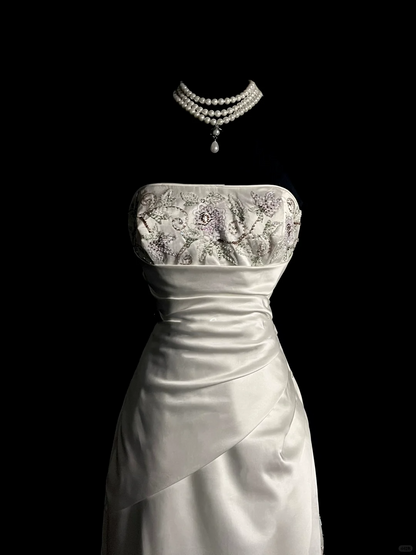 Robe de mariée vintage trapèze bustier en satin blanc, longue, style rétro des années 1970, DP2039