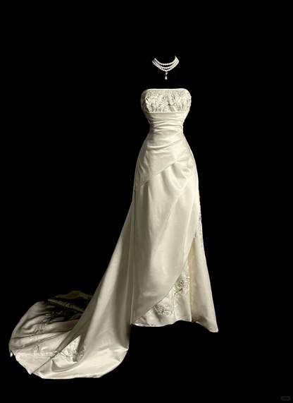 Robe de mariée vintage trapèze bustier en satin blanc, longue, style rétro des années 1970, DP2039