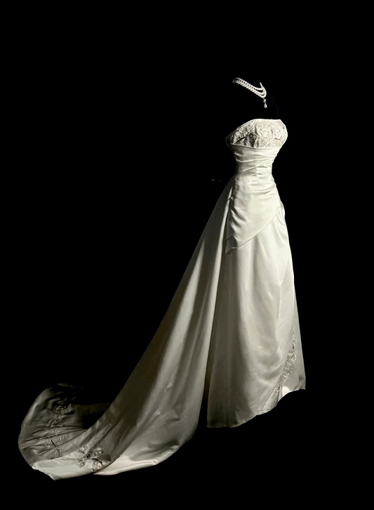 Vintage Wedding Dress A line Strapless White Satin Long Wedding Dresses Retro 1970s Bridal Gowns DP2039