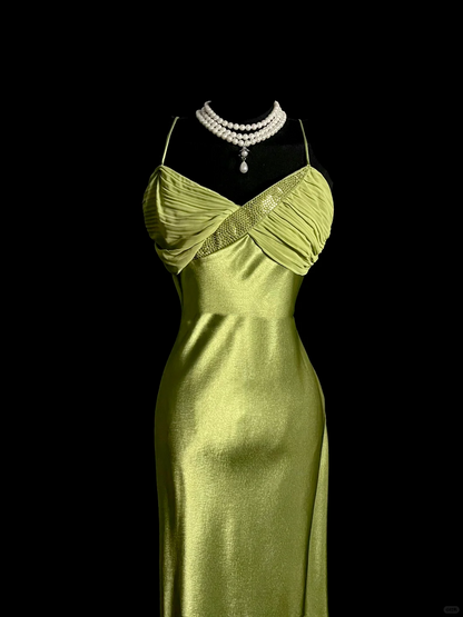Vintage Sheath Spaghetti Straps Green Long Evening Party Gowns Formal Dresses Prom Dresses DP2040