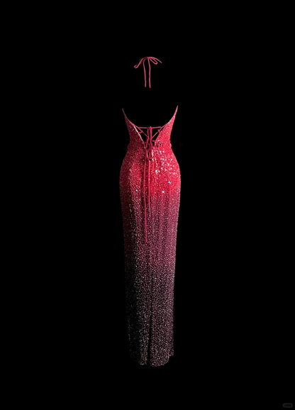 Robe de bal longue rose à paillettes, style sirène, dos nu, style vintage, robe de soirée, robe de remise de diplôme, DP2044