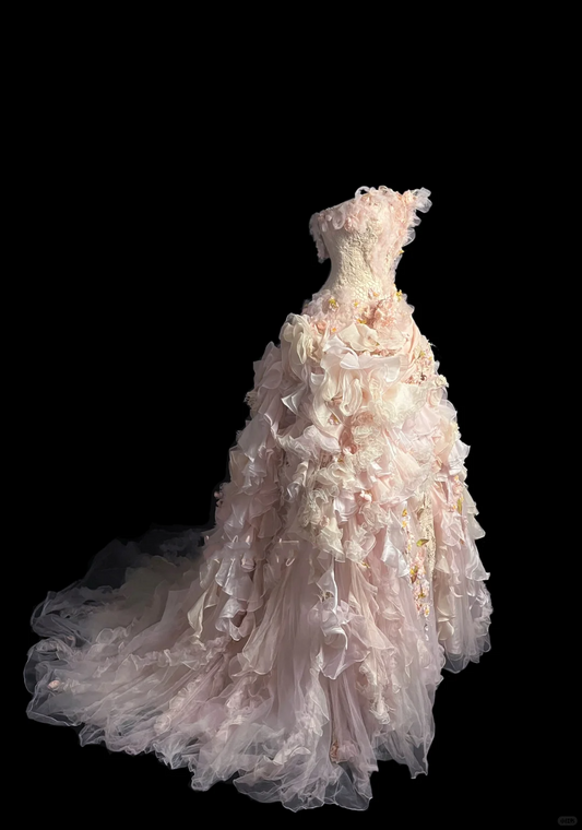 Modest Ball Gown Strapless Pink Chiffon Floral Long Prom Dress Party Dress Graduation Dresses Sweet 16 Dress DP2046