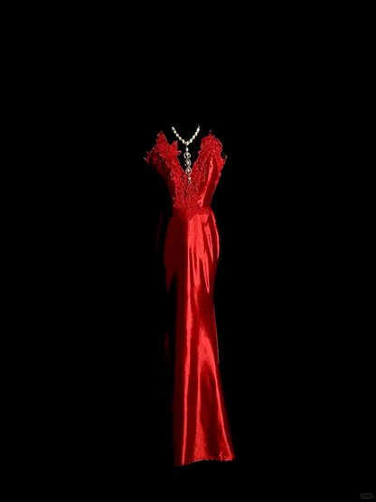 Vintage Mermaid Spaghetti Straps Red Backless Long Prom Dress Party Dress Graduation Dresses DP2047