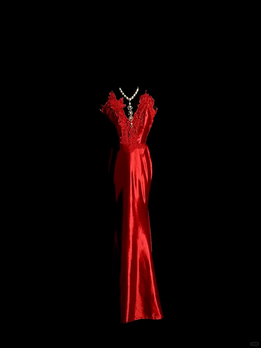 Vintage Mermaid Spaghetti Straps Red Backless Long Prom Dress Party Dress Graduation Dresses DP2047