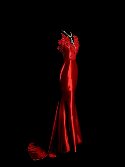 Vintage Mermaid Spaghetti Straps Red Backless Long Prom Dress Party Dress Graduation Dresses DP2047