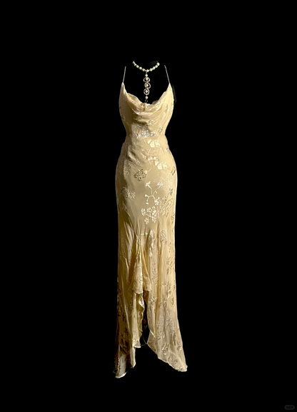 Vintage Mermaid Spaghetti Straps Champagne Lace Long Prom Dress Party Dress Graduation Dresses DP2048