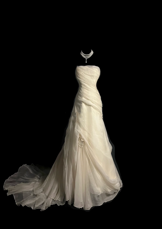 Retro Brautkleid Meerjungfrau Trägerlos Elfenbein Chiffon Lange Brautkleider Retro 1970er Brautkleider DP2053
