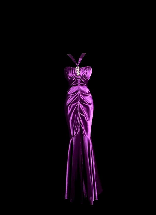 Robe de bal longue plissée en satin raisin, style sirène, col licou, style vintage, robe de soirée, robe de remise de diplôme, DP2059