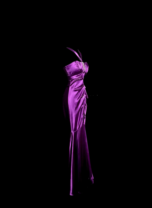 Robe de bal longue plissée en satin raisin, style sirène, col licou, style vintage, robe de soirée, robe de remise de diplôme, DP2059