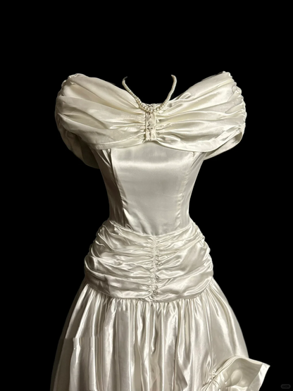 Robe de mariée vintage, robe de bal, épaules dénudées, ivoire, style rétro des années 1970, DP2062