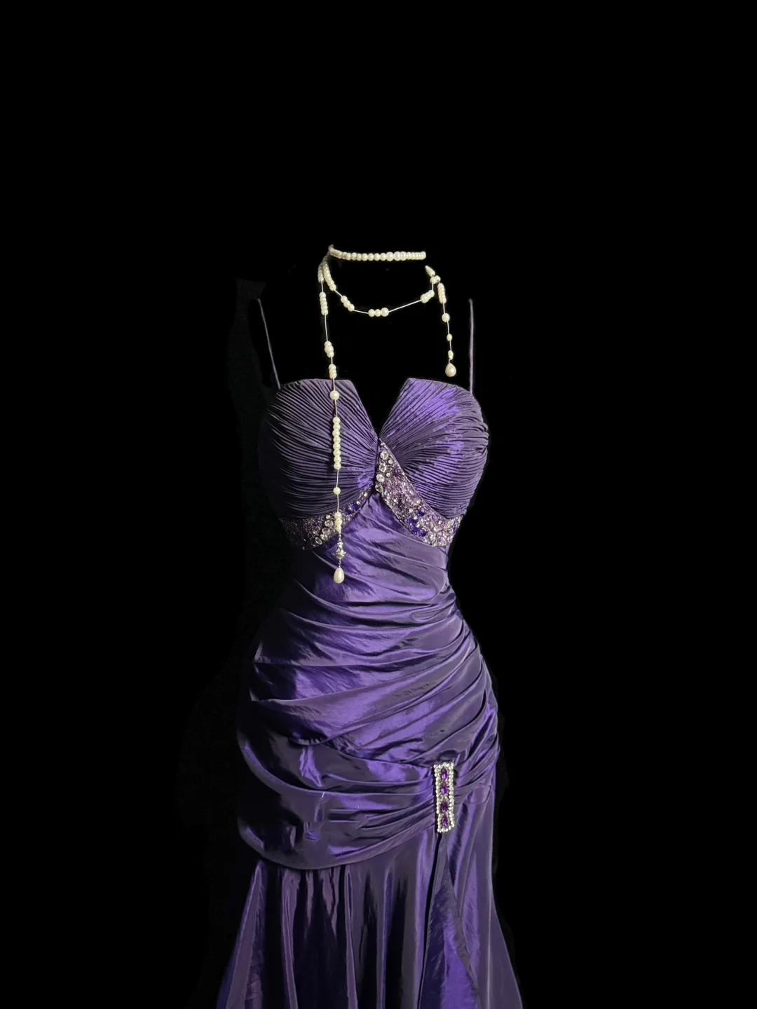 Robe de bal longue plissée style sirène vintage à bretelles spaghetti en taffetas et raisin, robe de soirée, robe de remise de diplôme DP2063