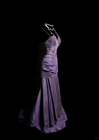 Robe de bal longue plissée style sirène vintage à bretelles spaghetti en taffetas et raisin, robe de soirée, robe de remise de diplôme DP2063