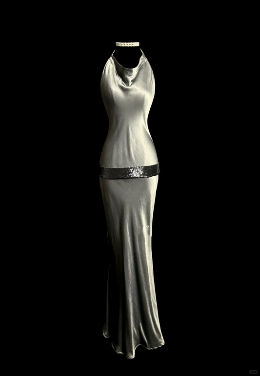 Vintage Sheath Halter Gray Long Prom Dress Party Dress Graduation Dresses DP2064