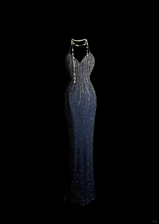 Pretty Mermaid Halter Navy Blue Sequin Backless Long Night Dinner Evening Dresses Formal Summer Wedding Guest Dresses Wedding Guest Outfits DP2068