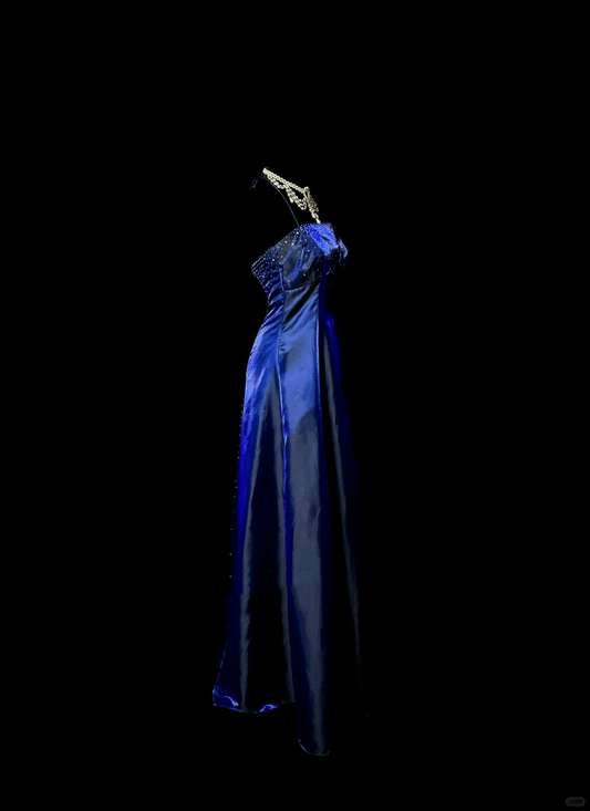 Retro A line Halter Royal Blue Satin Beaded 18th Birthday Dress Prom Dress Birthday Outfits For Women DP2069